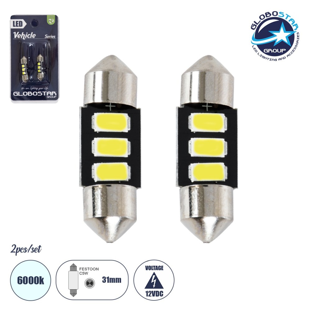 GLOBOSTAR® C5W 81301-B Σωληνωτή Λάμπα C5W 31mm LED 0.4W-0.8W 60lm-120lm 120° DC 12V IP20 Ψυχρό Λευκό 6000K - 3 x Epistar SMD5630 Chip - Μ3.1 x Π0.9 x Υ0.9cm - Πακέτο Blister 2 Τεμαχίων - 1 Χρόνο Εγγύηση